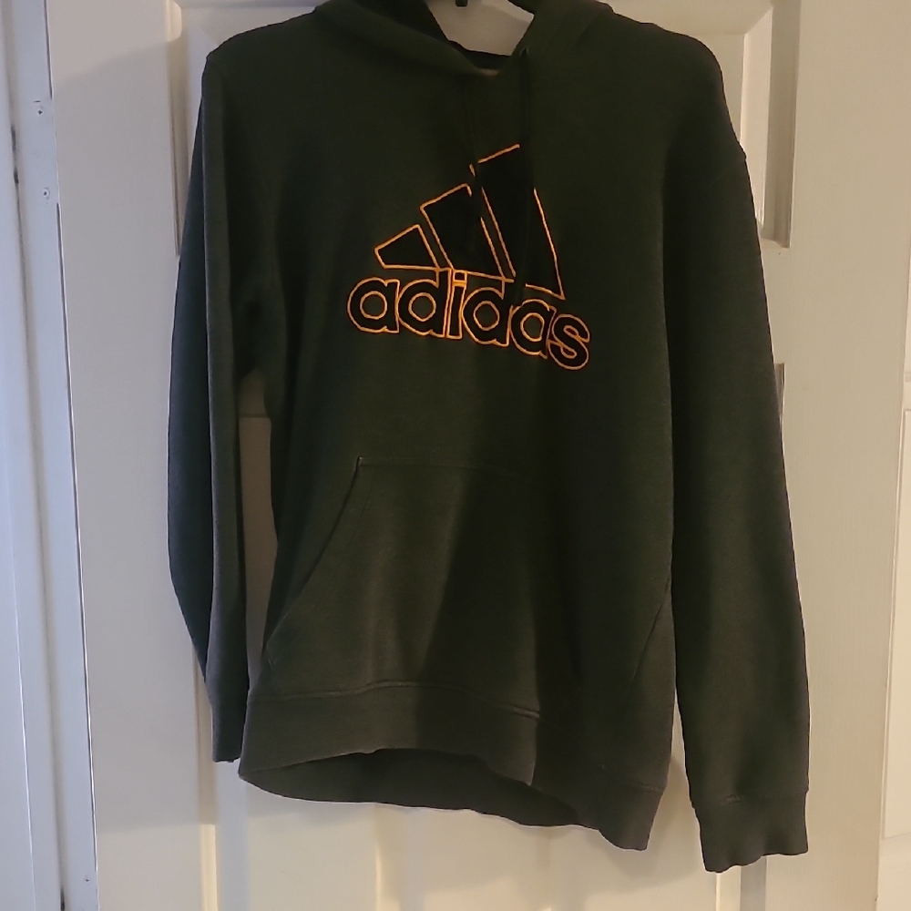 Adidas Men's Dark Green Hoodie with Orange Logo